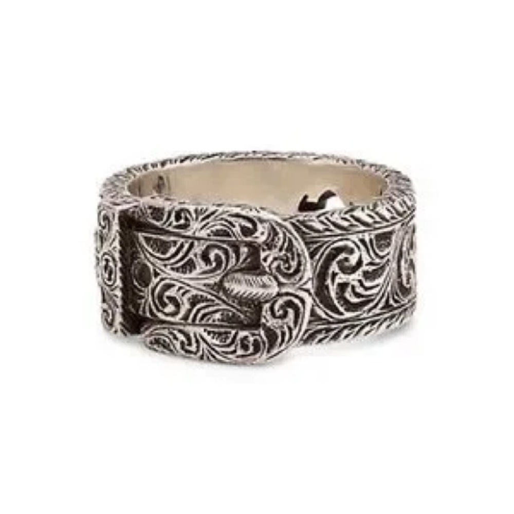 Gucci Silver Scrollwork belt style RING sz 11 and width is 8-9mm